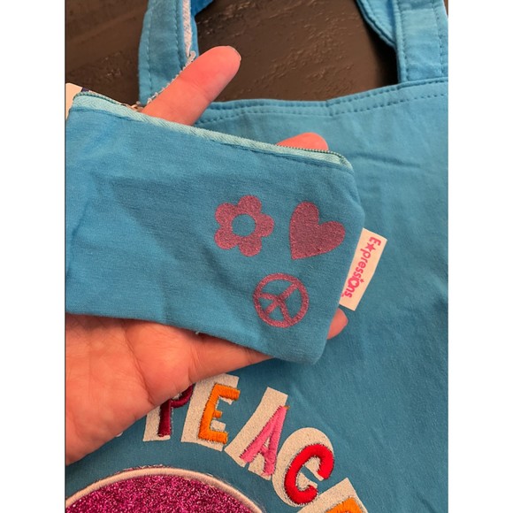Mini Tote with Pouch-Embroidered and Glitter-Peace - Picture 4 of 15